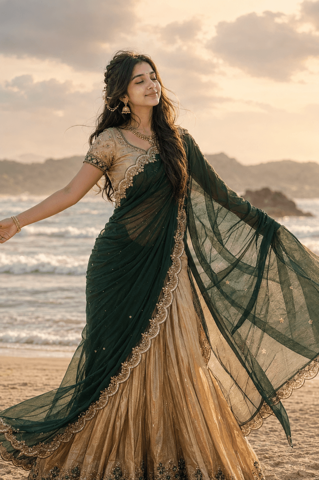 Ayesha Khan inspired Indian festive outfit with emerald green lehenga, antique gold jewelry and glamorous realistic portrait styling