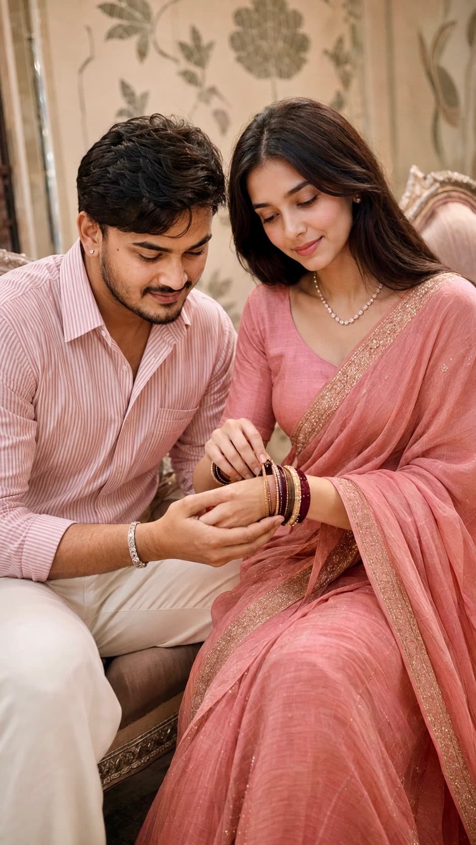 Aesthetic romantic couple holding hands in a cinematic portrait with soft lighting, stylish outfits and natural realistic photography