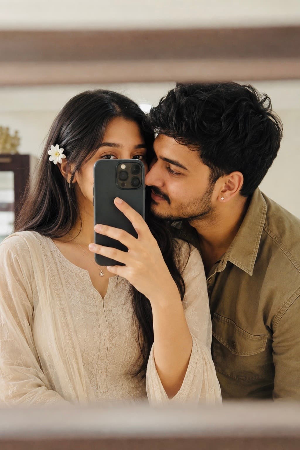Cinematic black and white couple mirror selfie transformation with stylish outfits, dramatic lighting, realistic faces and premium editorial photography