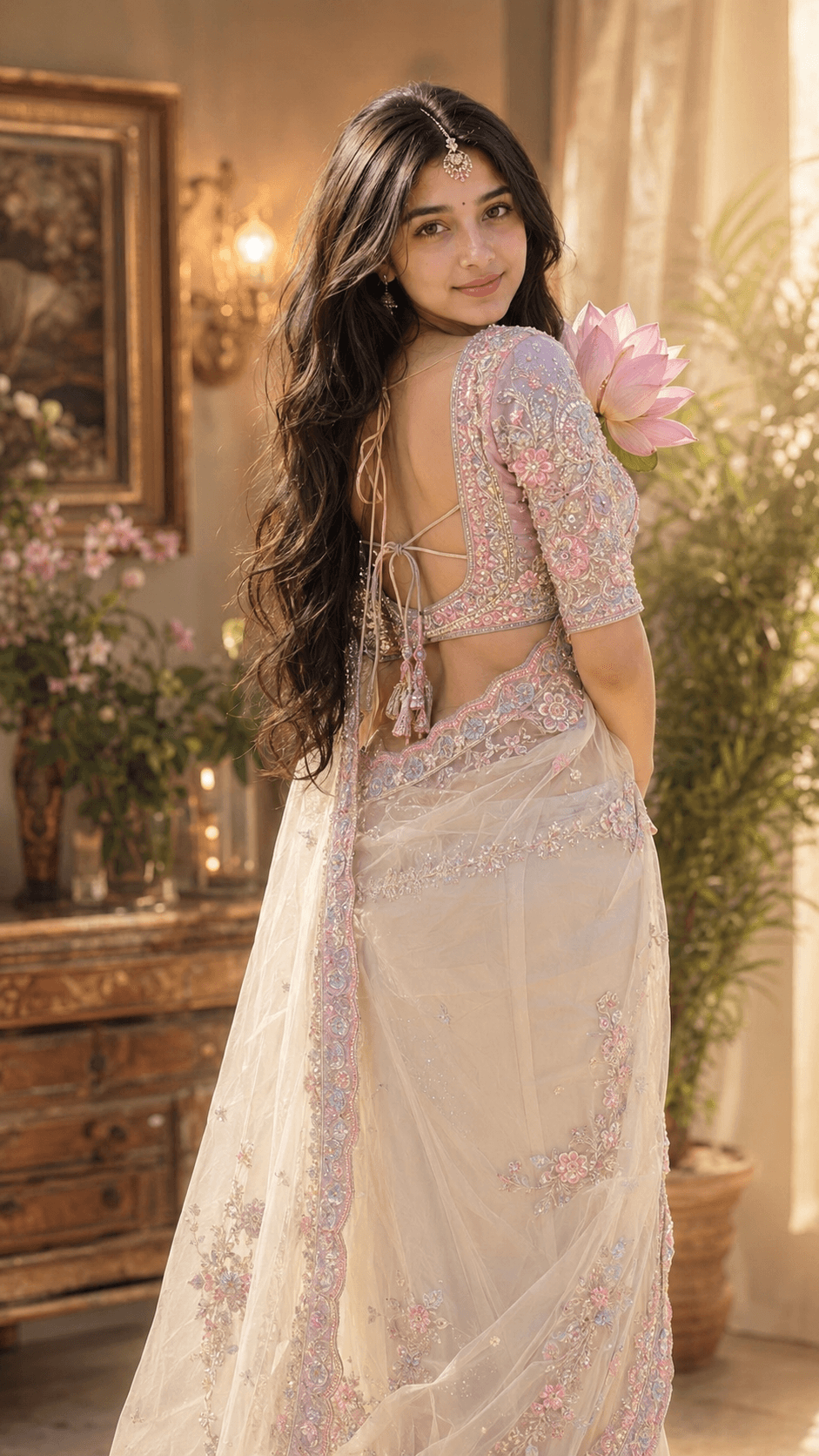 Subhashree inspired Indian cultural outfit with traditional red and white saree, Bengali jewelry and realistic cinematic portrait styling