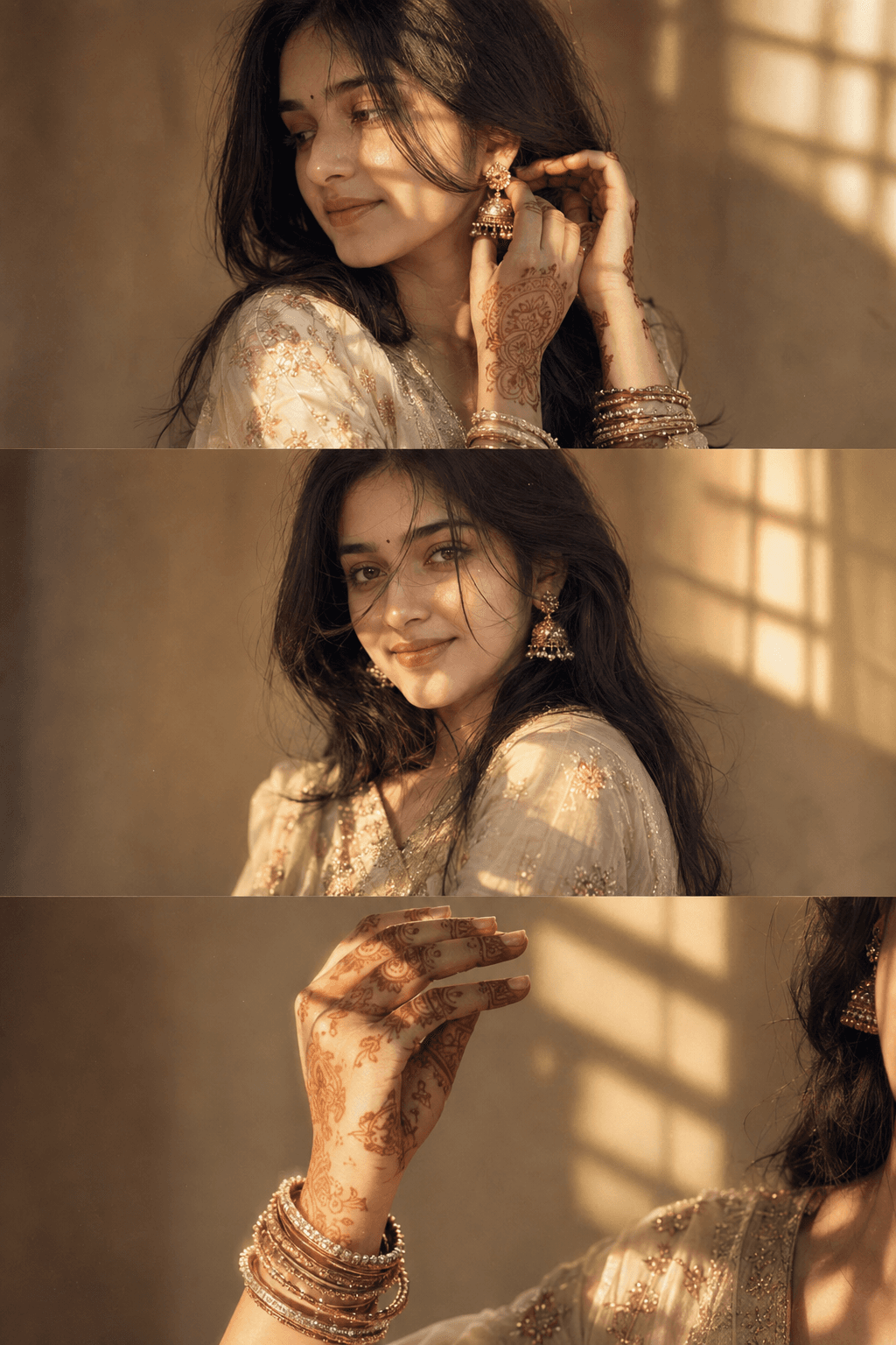 Traditional AI photo transformation with warm cinematic lighting, mehendi, jhumka earrings and an elegant Indian portrait